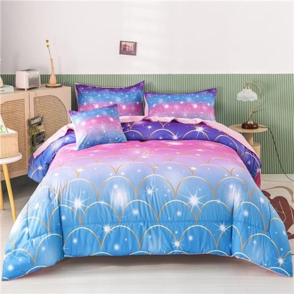 6Pcs Teal Pink Sparkle Mermaid Comforter Sets Twin Size,3D Rainbow Glitter Girls - Picture 1 of 6